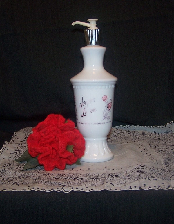Vintage Jergens Lotion Bottle Roses Milk Glass