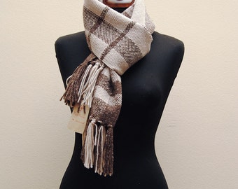 Unique handwoven scarf in pure Merino and Alpaca wool scottish beige and brown GAME OF SHAPES