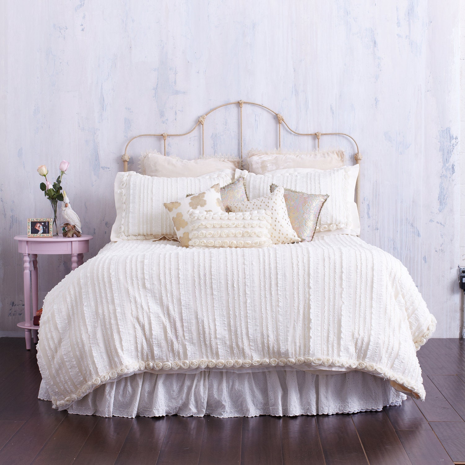 Ivory Rosettes Ruffles One Twin Duvet Cover With Zoom