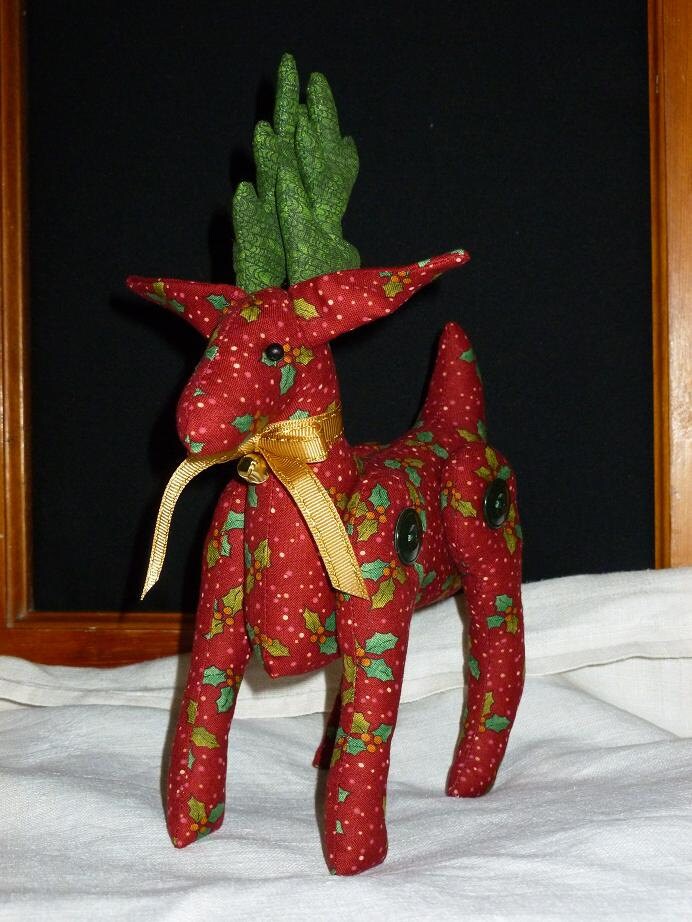 Christmas Reindeer Decoration Handcrafted Red and Green Holly Leaf Print Fabric Soft Body Holiday Decoration Made in the USA