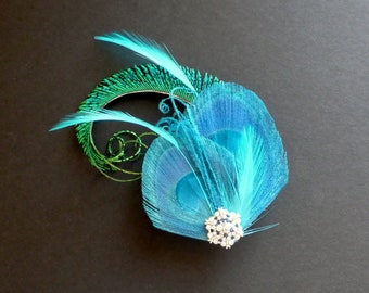 Turquoise Blue Green Peacock Feather Hair Clip Fascinator Crystal Wedding Bridal Bridesmaid Hair Accessory 'Evelyn'