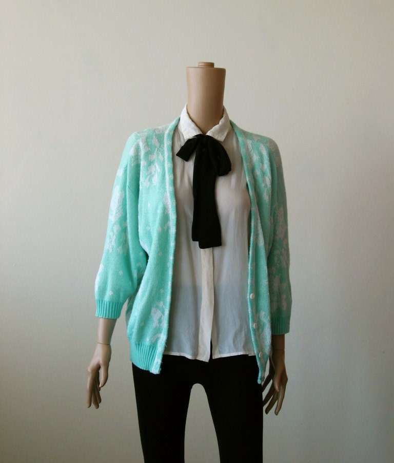 Floral Cardigan Sweater Mint Green Cardigan White Indie