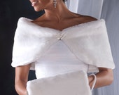 Bride's 10" wide winter wedding faux fur custom wrap shawl and muff set shrug & handwarmer Available in White, Black or Cream