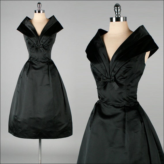 Vintage 1950s Dress . Black Silk Satin. Full by millstreetvintage