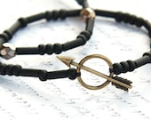 Hipsters Bracelet Set of 2, Matte Black Beaded Stacking Bangle, Bronze Arrow, Minimal Layering Bracelet, Tribal Bohemian Indie