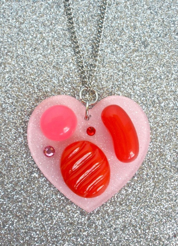Items similar to Cherry and Pink Hard Candy Heart Pendant Necklace on Etsy