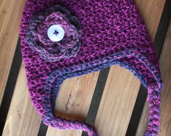 Purple Crochet Beanie with Earflaps and Braids
