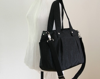 Stock clearance SALE - Black diaper bag in Water-resistant Crinkle Nylon, 3 Compartments, Tote, Messenger, Beach bag, Gym, Travel - Nuch