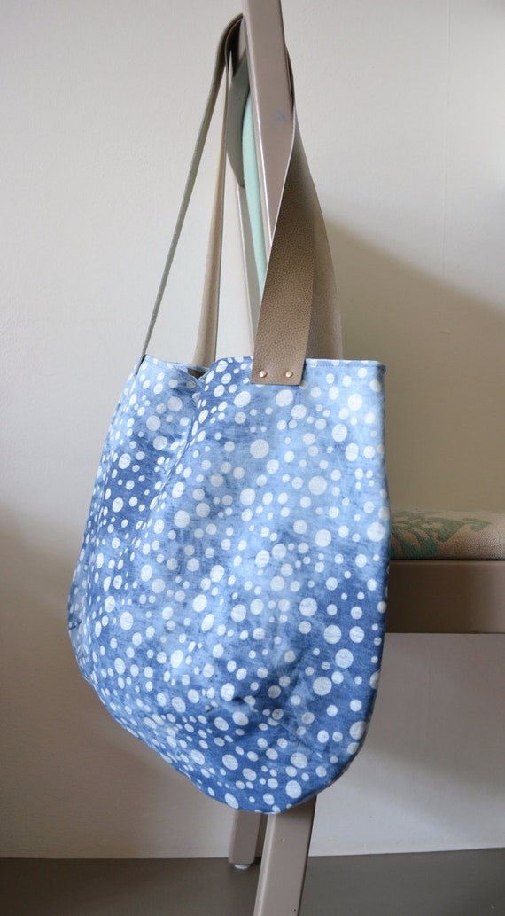 SALE blue tote dotted bleached bag denim dotted by redstitchlab