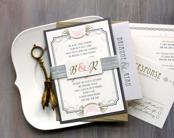 Art Deco Wedding Invitations, Modern Gold and Silver Wedding Invitations, Old Hollywood Wedding, Gold Invitations - "Art Deco Love" Sample