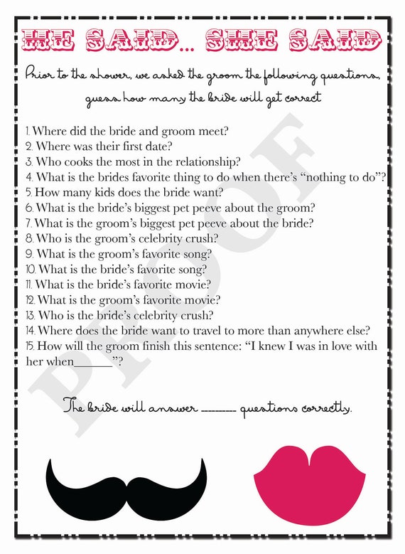 Bridal Shower Game He Said She Said Questions by AestheticJourneys