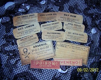 Vintage Pharmacy Label Sticker Assortment, Halloween Decorations, Halloween Labels, Grungy, Junk Journal Stickers, Unique Planner Stickers