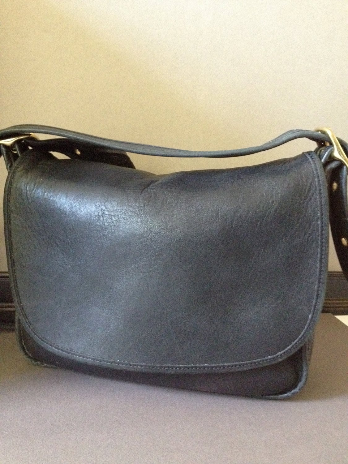 Black Leather Coach Crossbody Handbag Messenger Bag with Brass