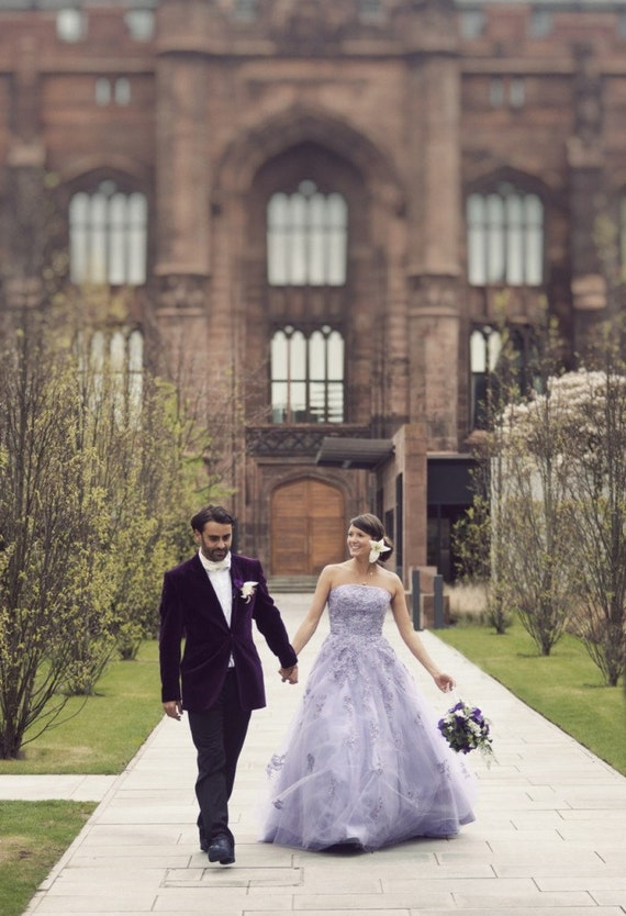 Purple Wedding Dress Strapless with Lavender Lilac Lace