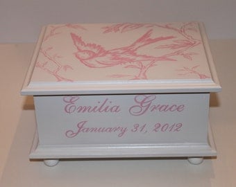 Baby Keepsake Box Baby memory box for girl Pink Bird Toile hand painted personalized baby gift