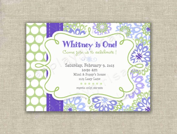 1st First Birthday Girl Invitation Flowers Dots Periwinkle Green- Digital - by girls at play girlsatplay Il_570xn