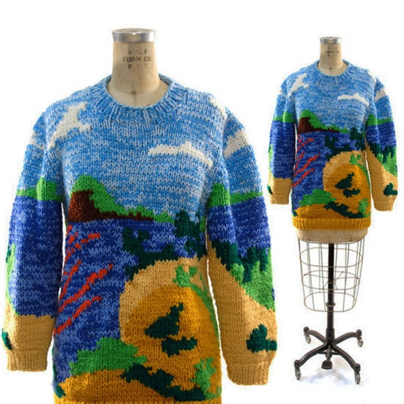 SALE Hand Knit Landscape Sweater in Chunky Wool vintage