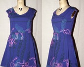 Purple Cotton Jersey Spring Dress with blue bell flowers, pink nautical anchors, turquoise feathers screenprinted