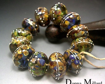 HANDMADE LAMPWORK GLASS Bead Set Donna Millard autumn fall blue green gold tribal camelback