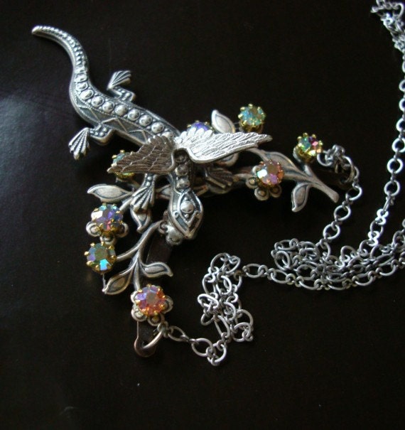 STEAMPUNK WINGED DRAGON, Rhinestone Aurora Borealis Settings, Quality Sterling Silver Plate Necklace