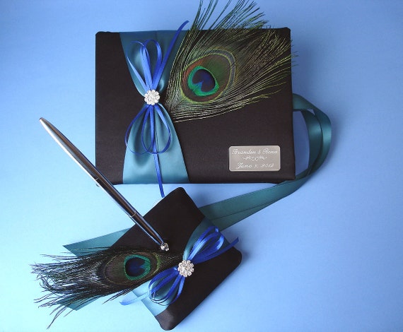 Peacock Wedding Guest Book and Pen Set in Black with Custom Accent Colors and Personalized Engraving