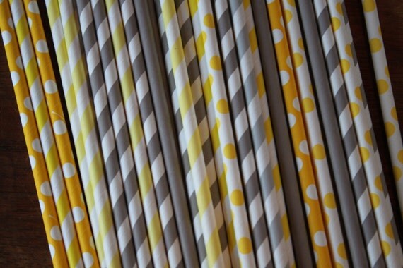 Gray and Yellow Paper Straws-- Set of 20 -- Grey Il_570xn