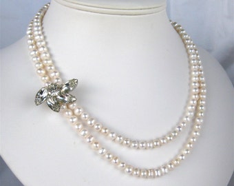 Vintage Rhinestone Wedding Necklace, 2 Strand Pearl Necklace, Freshwater Pearl, Silver, Handmade, June