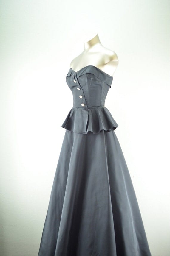 1940s black gown 50s formal dress Size x small peplum floor length ...