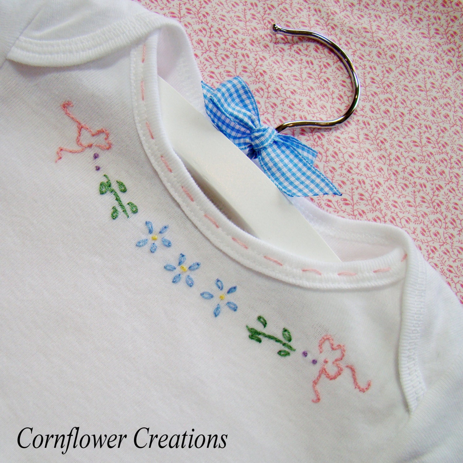 Ribbons And Flowers For Baby Hand Embroidered Onesie or