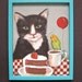 cat art painting- Parakeet- colorful- wood frame - red balloon- acrylic- gallery art- red check- chocolate cake- strawberry-