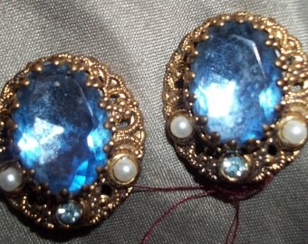 Intricate WEST GERMANY Filigree Earrings with Blue Center Stone