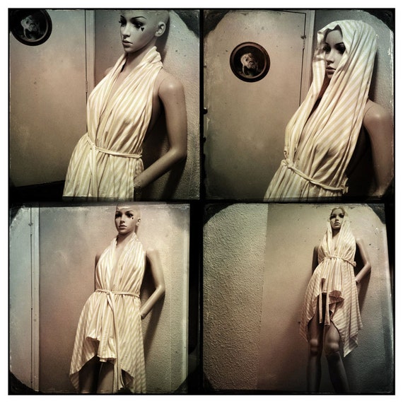 Sexy Hood Layering Tunic Wrap Dress, Beach Bikini Cover Up, yellow white stripe cotton multi wear Belly Dance Coverup. Crude Things