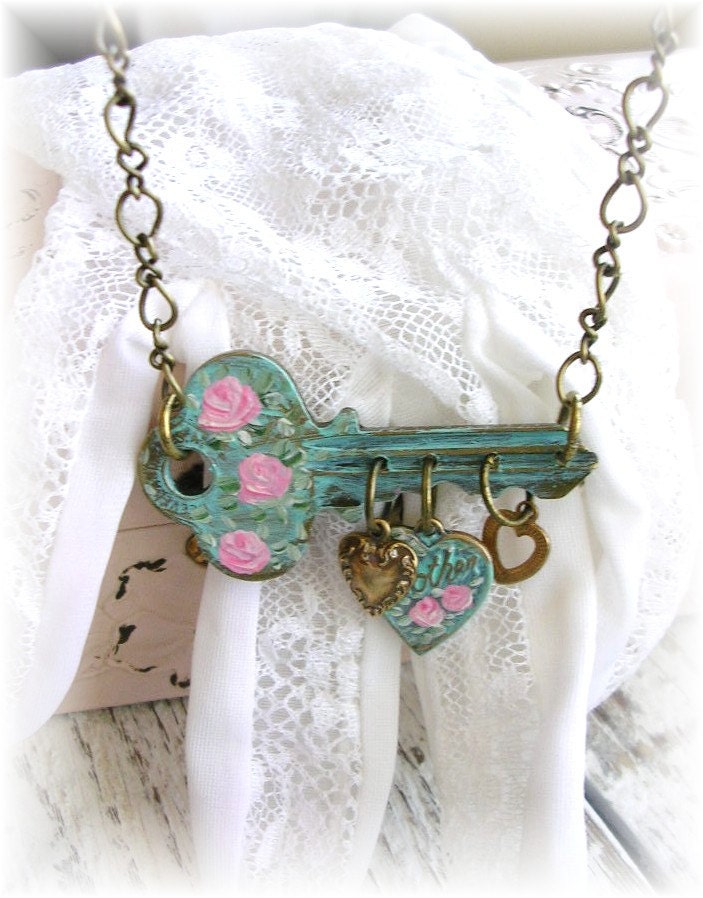 Vintage Key Charm Necklace Mother Hearts Shabby Chic Painted