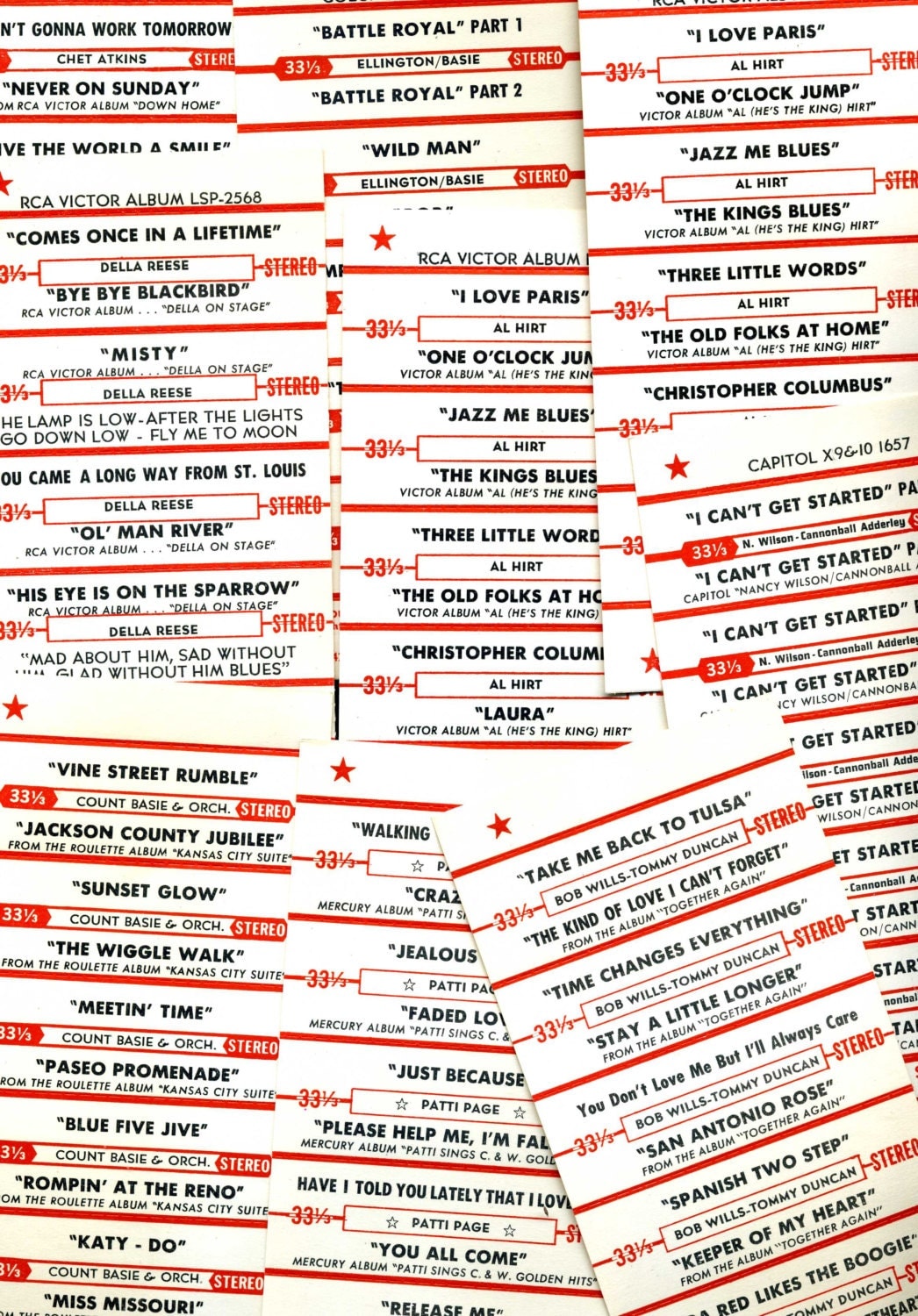 Vintage Juke Box Record Labels Song Titles and Artist Names