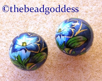 Pair Japanese TENSHA Beads Morning Glory on Blue Metallic 12mm