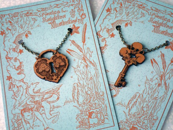 Skeleton Key and Soaring Heart Lock Pendants by MonicaLKnighton