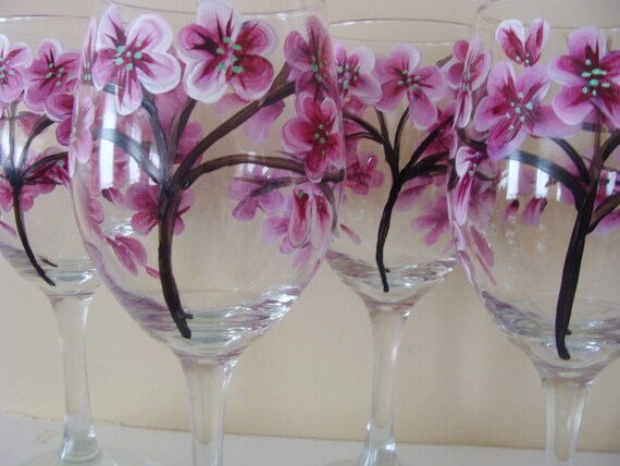 Cherry Blossom Wine Glasses Hand Painted