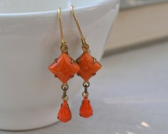 Orange Estate Glass Earrings, Vintage Glass Rhinestone Earrings, Orange Tangerine Brass Lever Back Earrings