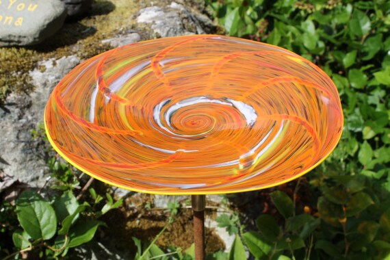 mandarin orange hand blown glass bird bath garden art mandarin orange hand blown glass bird bath garden art