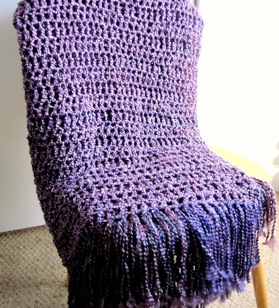 Throw Blanket Crocheted with Fringe Lap Size Purple Blanket