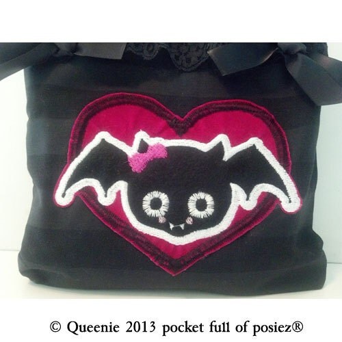 Small TOTE BAG Cute Bat Love with Red Bow Pocket full of