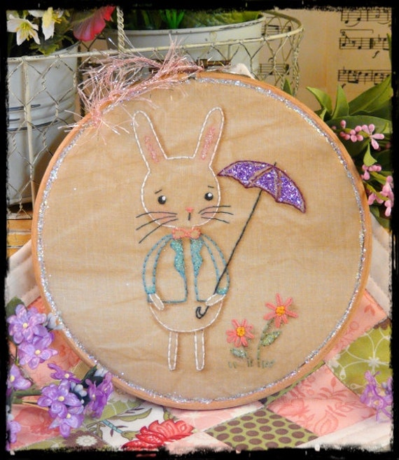 Showers & flowers bunny embroidery Pattern PDF - spring rain umbrella glitter hoop art sweet rabbit