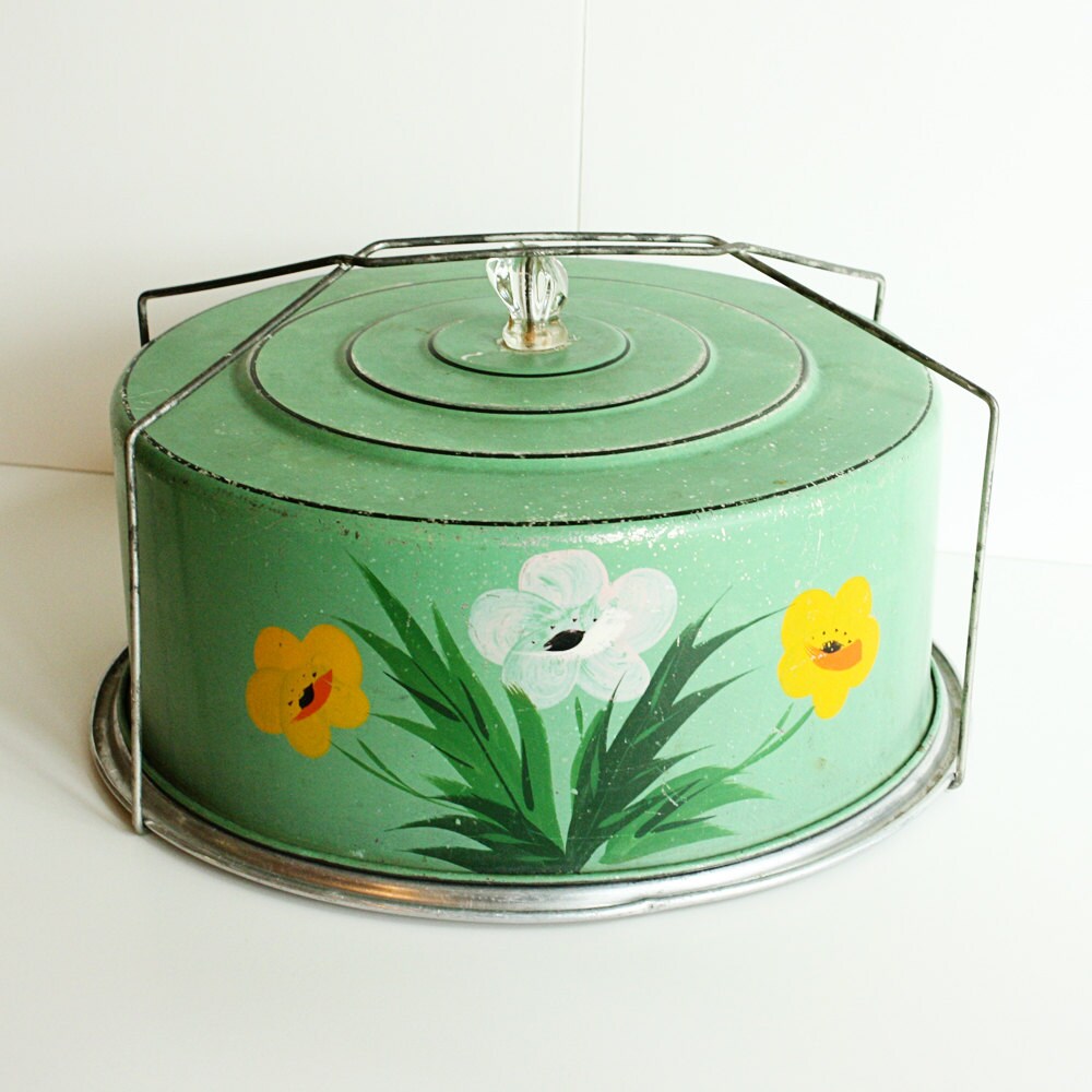 Vintage cake carrier pie carrier metal mint green