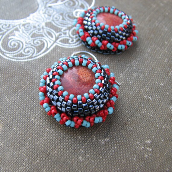 Coral Dangle Earrings Red Black and Blue Beads Sterling Silver