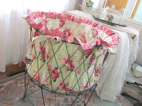 Vintage Wire Laundry Cart Basket Hamper Liner Pink Roses