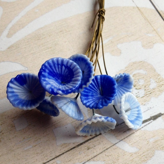10 Vintage Wired Glass Cobalt Blue Flowers