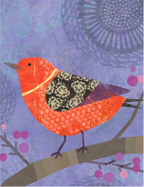 Collaged Bird Archival Print Red 8x10 art poster wall