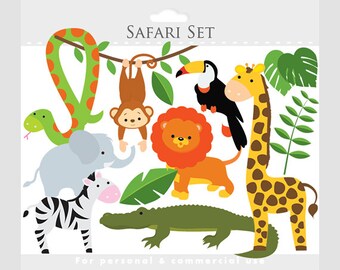 Safari clipart - safari animals, lion, monkey, giraffe, zebra, elephant, crocodile, leaves, jungle animals, jungle leaves, snake, toucan