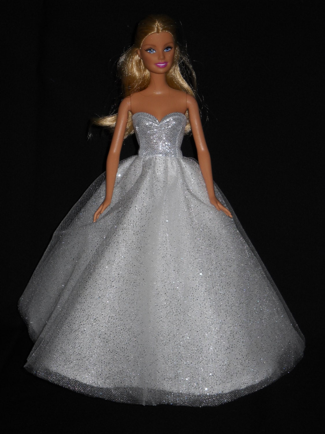 Barbie Doll Dress Handmade Silver and Sparkly White Ball Gown
