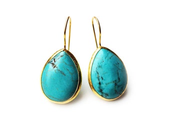 Turquoise Drop Silver Earrings Coated in 18 Karat Gold - turquoise teardrop earrings - big blue drop turquoise earrings - big turquoise drop